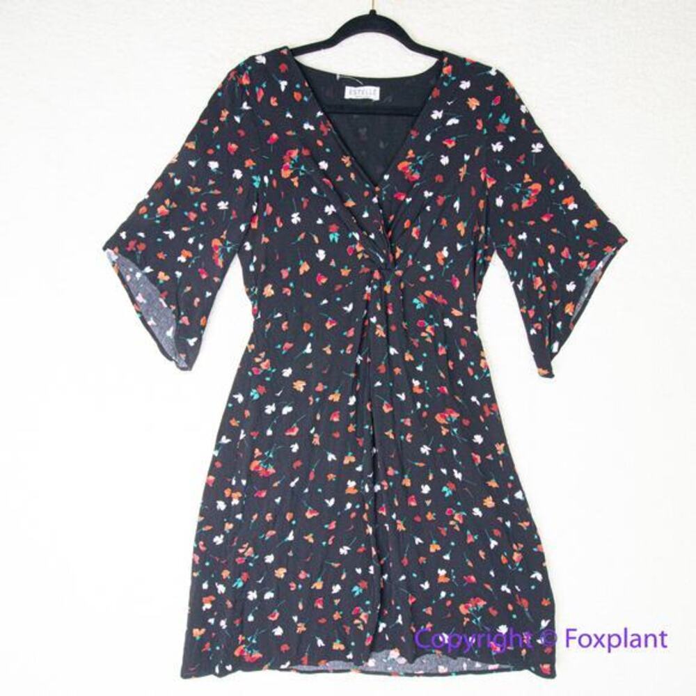 Estelle black red floral print mini dress twisted front, elastic waist, size M